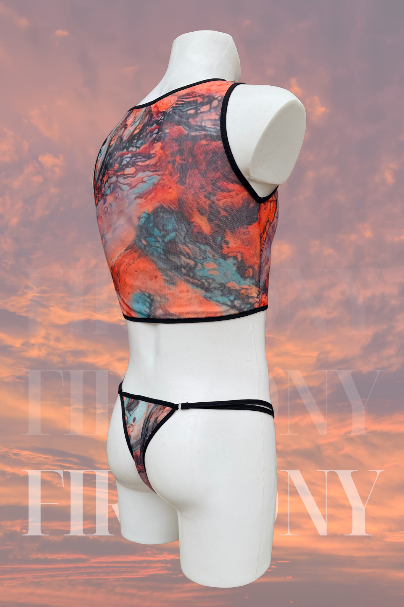 Men’s Abstract Liquid Print Rave Set – Colorful Crop Tank Top & Matching String Thong