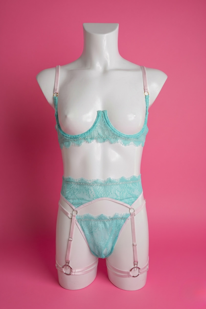 Mint Green and Pink Men's Lace Lingerie Set: Cupless Bra & Garter Harness