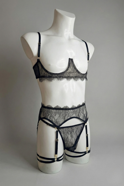 Men's Lingerie Set | Black Lace Open Cup Bra & Thong with Garter Belt Fire Pony Men's Lingerie Set | Black Lace Open Cup Bra & Thong with Garter Belt Fire Pony
