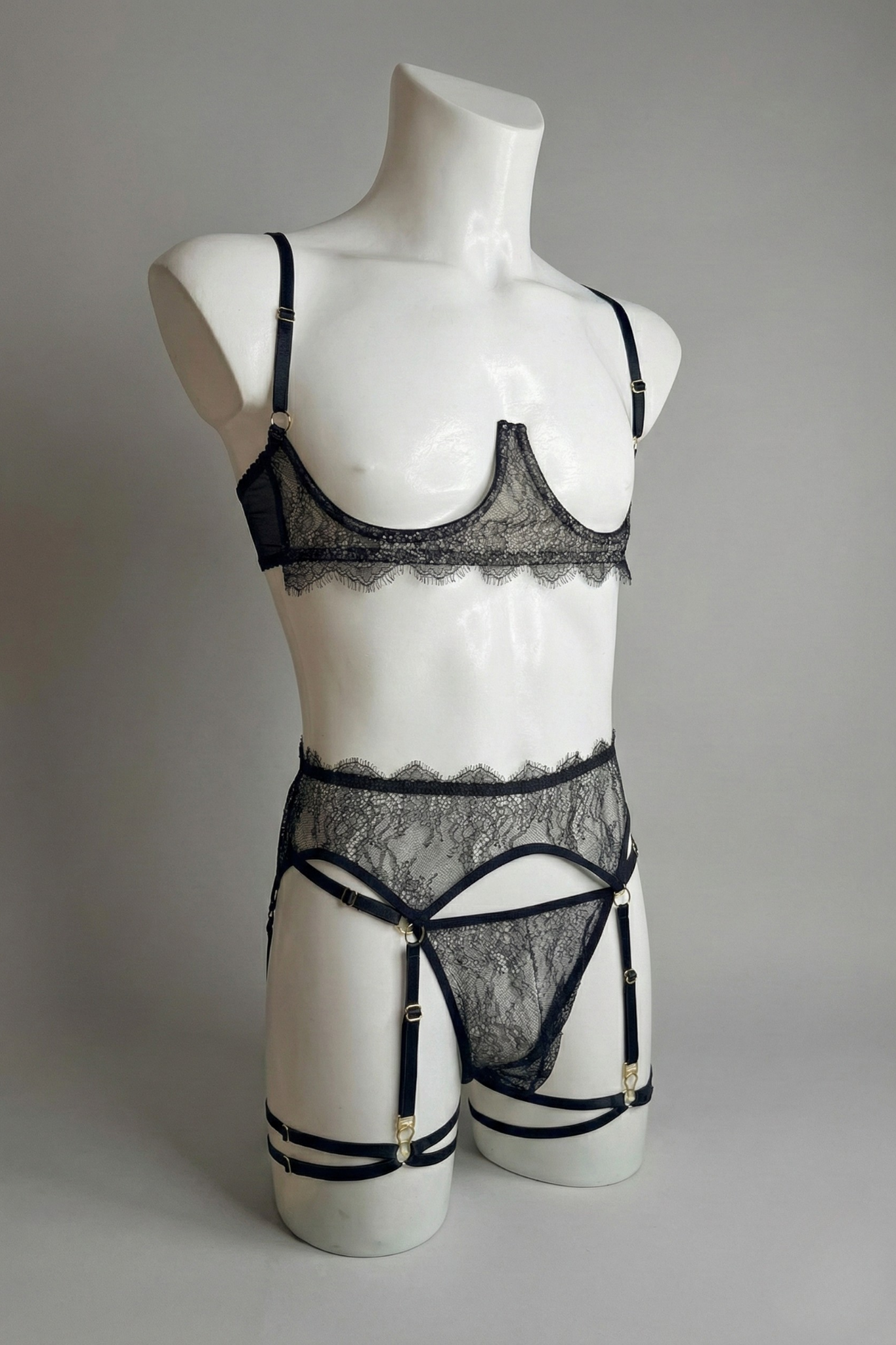Men's Lingerie Set | Black Lace Open Cup Bra & Thong with Garter Belt | Sexy Sissy Panties for Men | Femboy Crossdresser Underwear