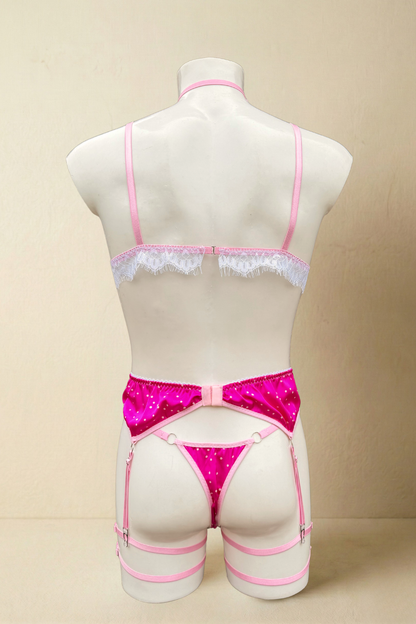 Pink Polka Dot Satin Men's Lingerie Set | Lace Bralette, Panties & Heart Garters