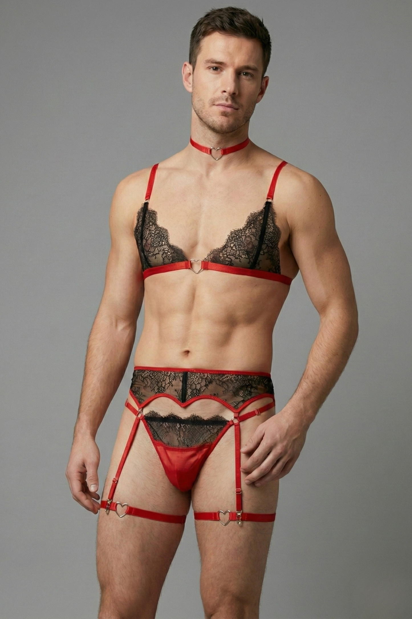 Red & Black Lace Femboy Lingerie Set – Bra, Thong, Garter Belt & Choker with Heart Details – Sexy Gay Lingerie for Men