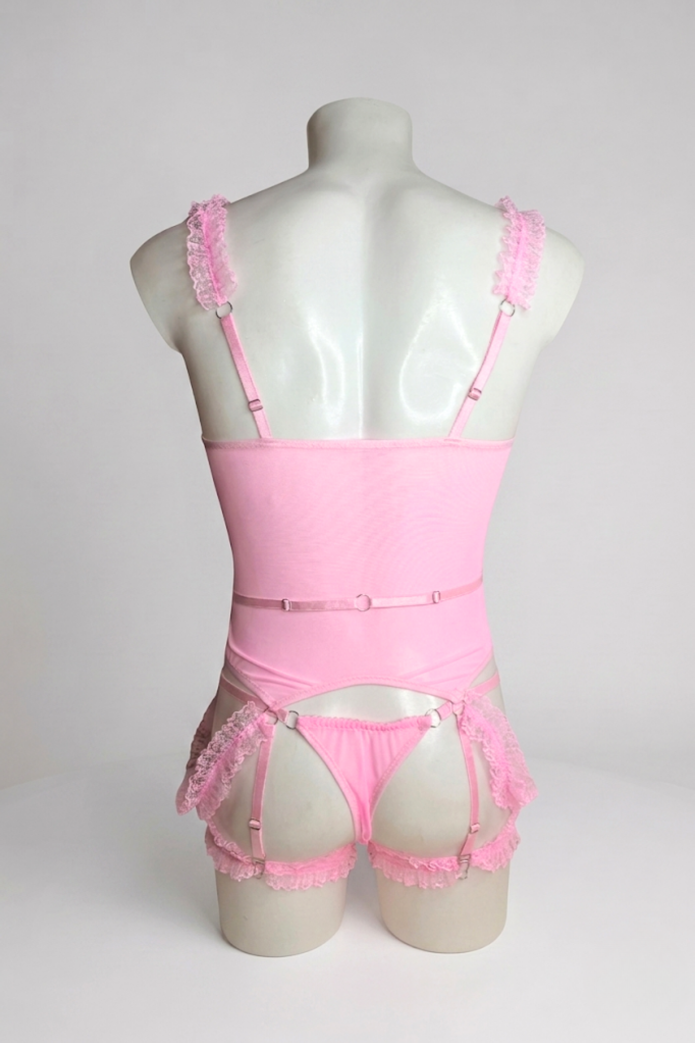 Pink Mesh Femboy Lingerie Set with Lace Ruffles & Garters