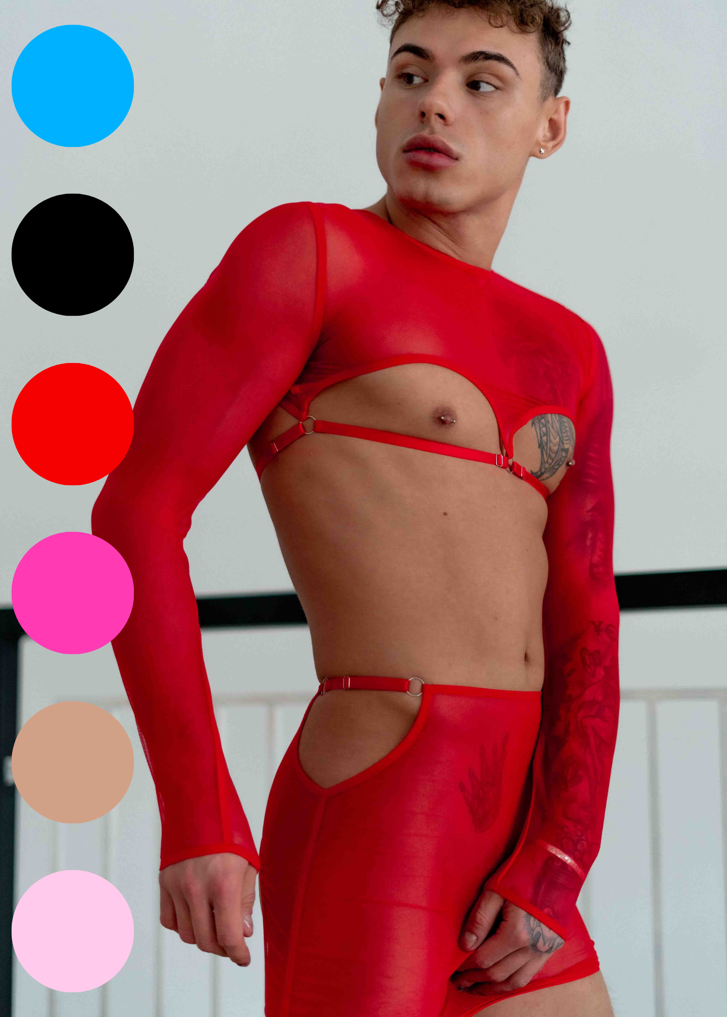 Red mesh skirt and top set for men, part of Fireponyshop’s fetish underwear collection.