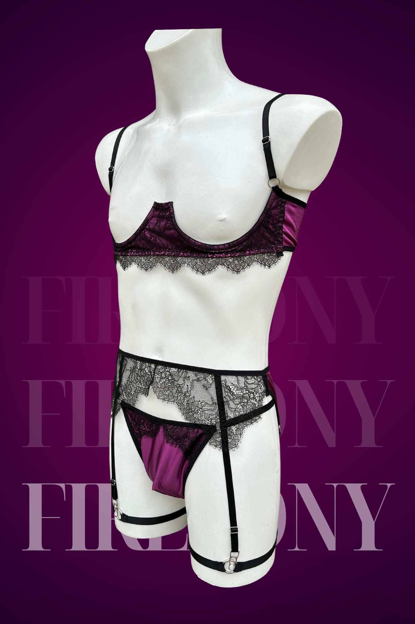 Burgundy Satin & Lace Men's Lingerie Set Open Cup Bra, Garter Belt & Fire Pony Burgundy Satin & Lace Men's Lingerie Set Open Cup Bra, Garter Belt & Fire Pony