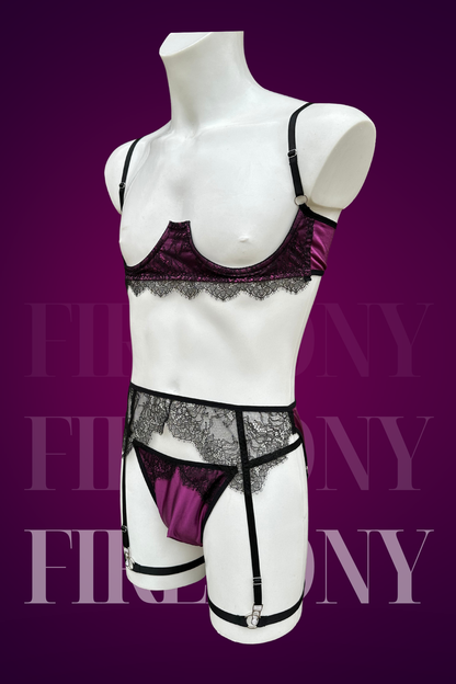 Burgundy Satin & Lace Men’s Lingerie Set – Open Cup Bra, Garter Belt & Thong