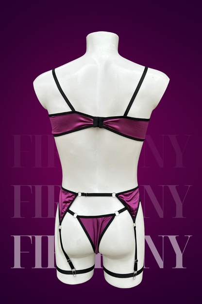 Burgundy Satin & Lace Men’s Lingerie Set – Open Cup Bra, Garter Belt & Thong