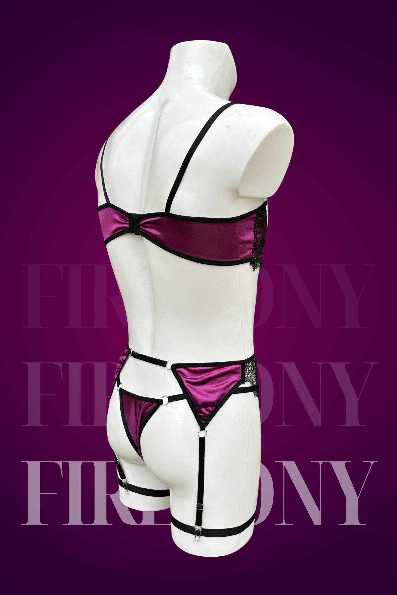 Burgundy Satin & Lace Men’s Lingerie Set – Open Cup Bra, Garter Belt & Thong