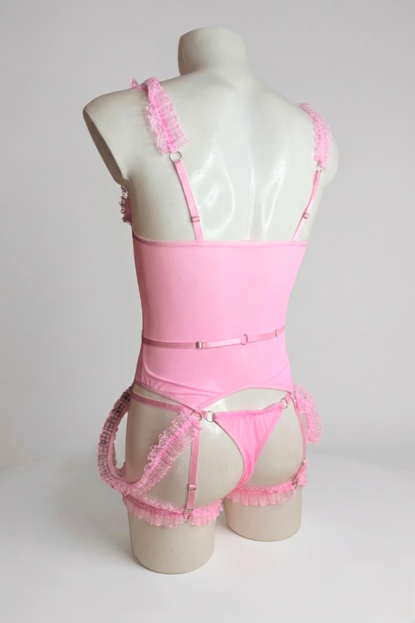Pink Mesh Femboy Lingerie Set with Lace Ruffles & Garters
