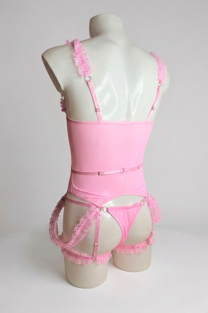Pink Mesh Femboy Lingerie Set with Lace Ruffles & Garters