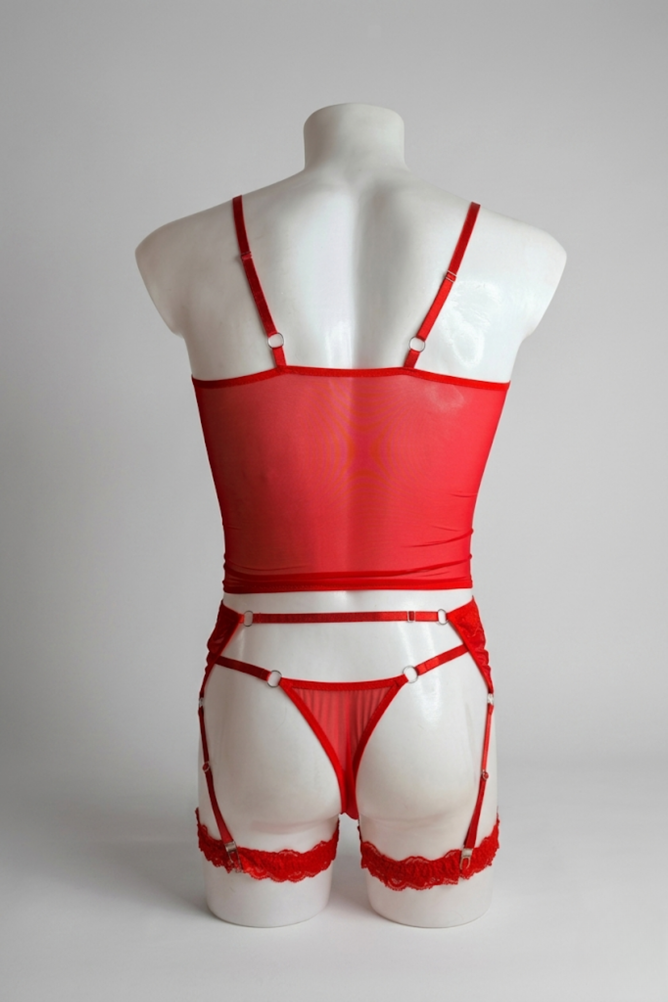 Red Mesh Feminine male underwear set - Men's panties, Men`s corset bra, Garter belts for men
