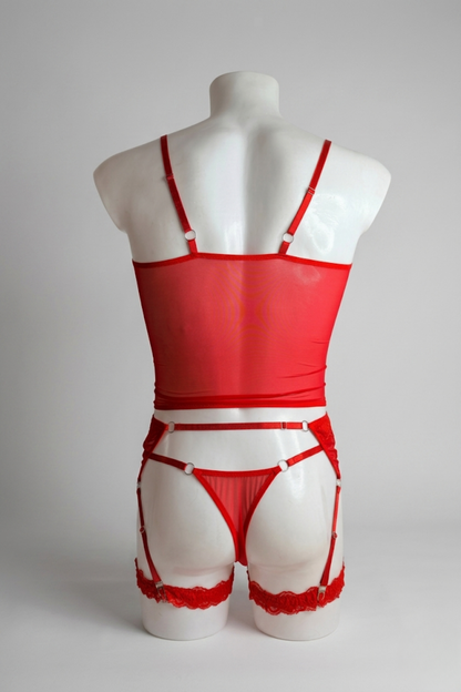 Red Mesh Feminine male underwear set - Men's panties, Men`s corset bra, Garter belts for men