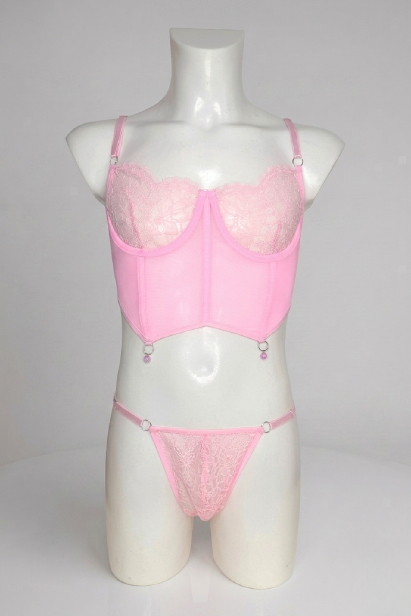 Men's Pink Sheer Mesh Corset & Thong Lingerie Set | Femboy & Sissy Lace Underwear