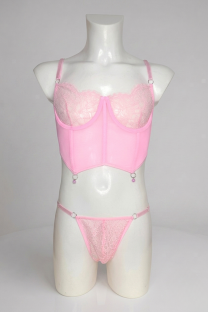 Men's Pink Sheer Mesh Corset & Thong Lingerie Set | Femboy & Sissy Lace Underwear