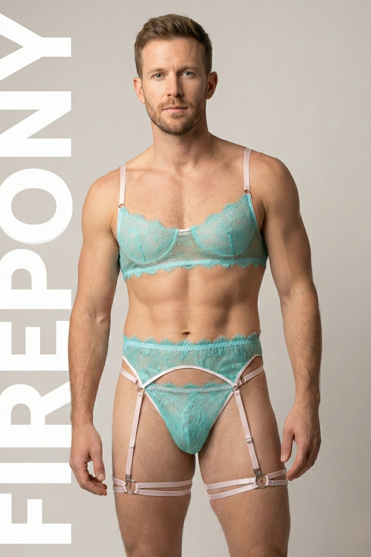 Turquoise Lace Men’s Lingerie Set – Sheer Floral Bralette & High-Waist Garter Thong with Leg Straps