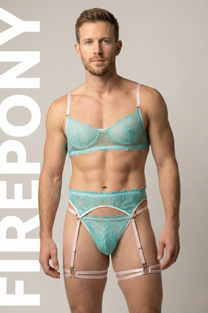 Turquoise Lace Men’s Lingerie Set – Sheer Floral Bralette & High-Waist Garter Thong with Leg Straps