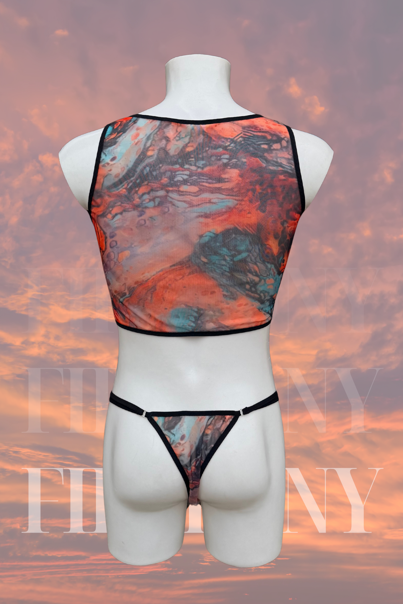 Men’s Abstract Liquid Print Rave Set – Colorful Crop Tank Top & Matching String Thong