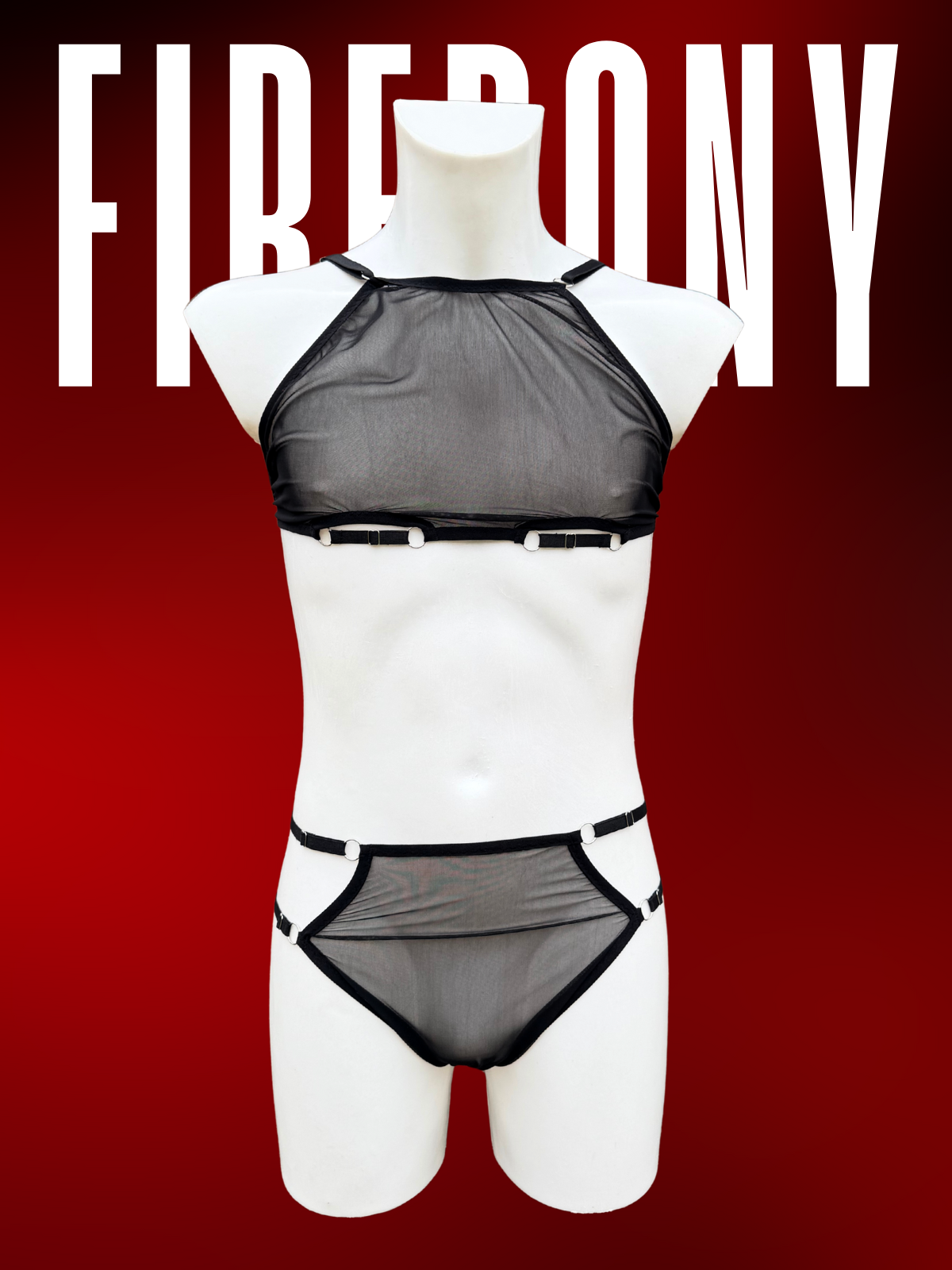 Men’s Black Mesh Rave Set – Sheer Harness Crop Top & High-Waist Cutout Shorts with O-Ring Details