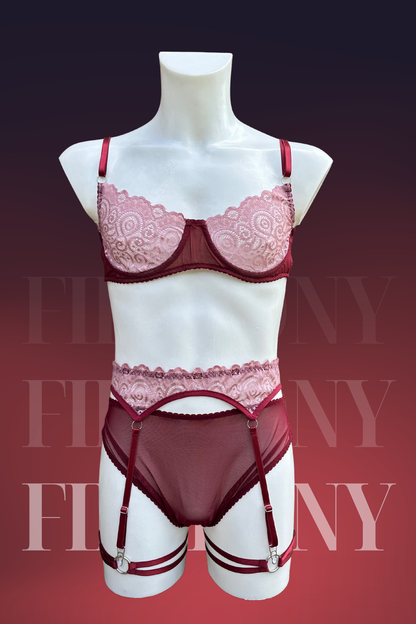 Burgundy & Blush Lace Men’s Lingerie Set – Sheer Bra, High-Waist Panties & Garter Belt with Leg Straps – Sissy Lingerie, Gay Underwear