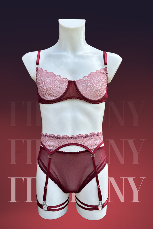 Burgundy & Blush Lace Men’s Lingerie Set – Sheer Bra, High-Waist Panties & Garter Belt with Leg Straps – Sissy Lingerie, Gay Underwear