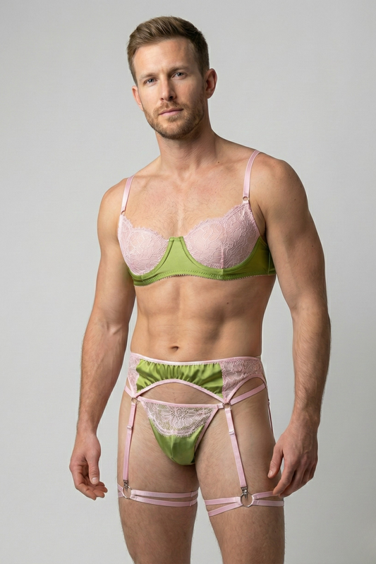 Pink & Olive Lace Femboy Lingerie Set – Bra, Thong & Garter Belt – Men’s Sissy Lingerie with Pastel Touch