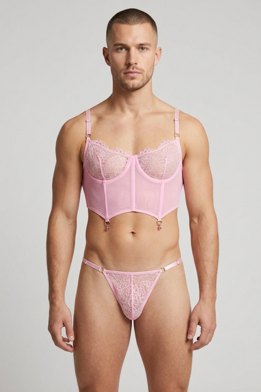 Men's Pink Sheer Mesh Corset & Thong Lingerie Set | Femboy & Sissy Lace Underwear