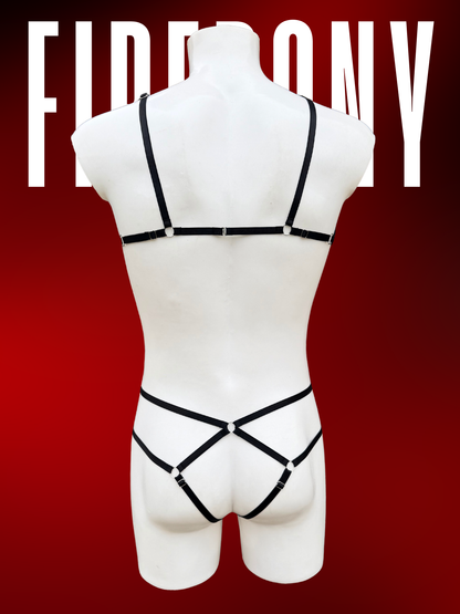 Men’s Black Mesh Rave Set – Sheer Harness Crop Top & High-Waist Cutout Shorts with O-Ring Details