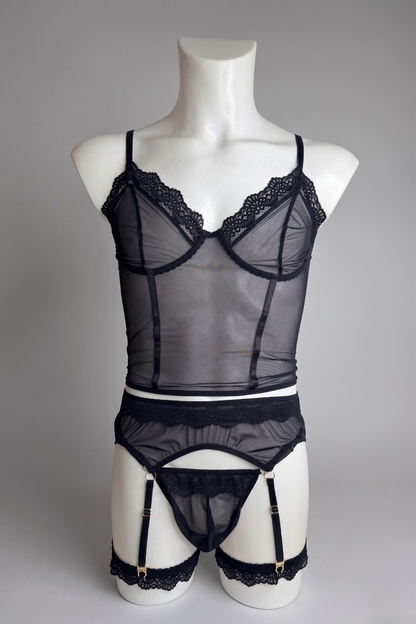 Men's Black Sheer Mesh Bustier Corset & Garter Belt Lingerie Set