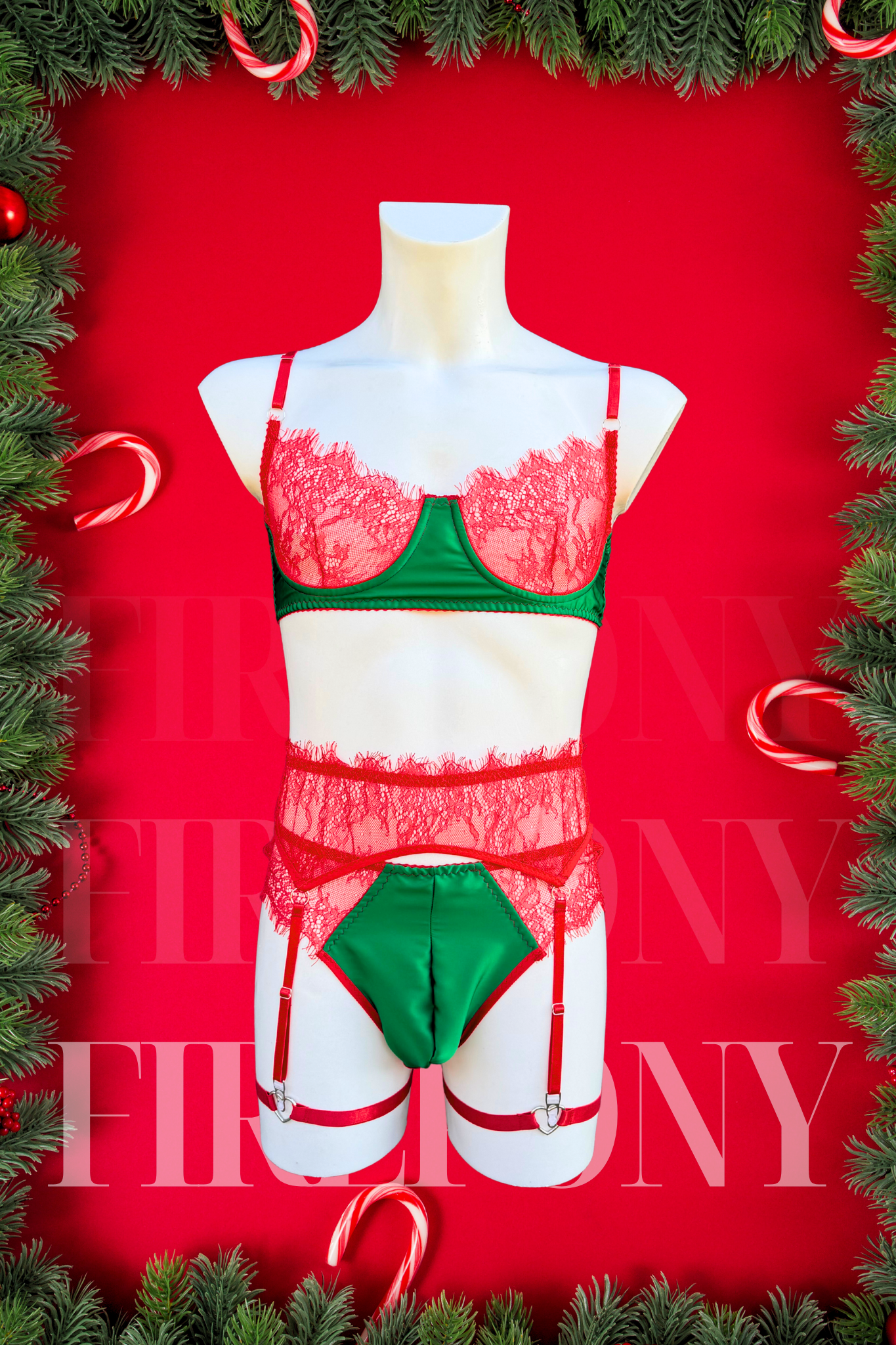 Christmas Lingerie Set for Men – Red Lace & Green Satin – Femboy Lingerie, Sissy Underwear, Sexy Holiday Outfit