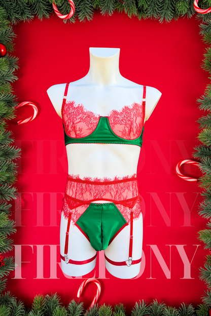 Christmas Lingerie Set for Men – Red Lace & Green Satin – Femboy Lingerie, Sissy Underwear, Sexy Holiday Outfit