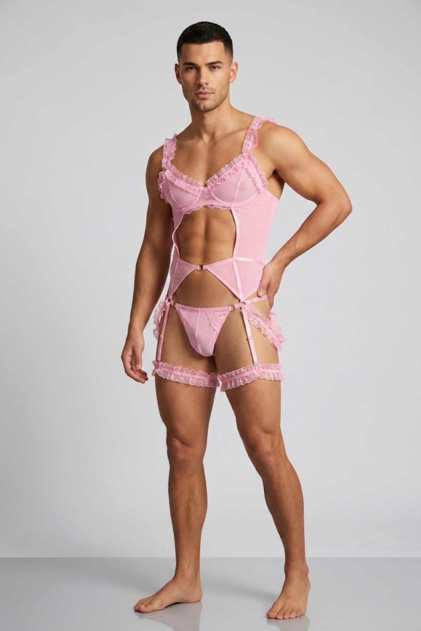 Pink Mesh Femboy Lingerie Set with Lace Ruffles & Garters