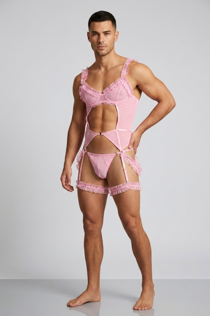 Pink Mesh Femboy Lingerie Set with Lace Ruffles & Garters