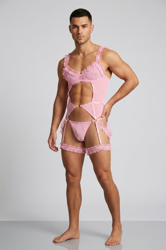 Pink Mesh Femboy Lingerie Set with Lace Ruffles & Garters