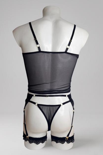 Men's Black Sheer Mesh Bustier Corset & Garter Belt Lingerie Set