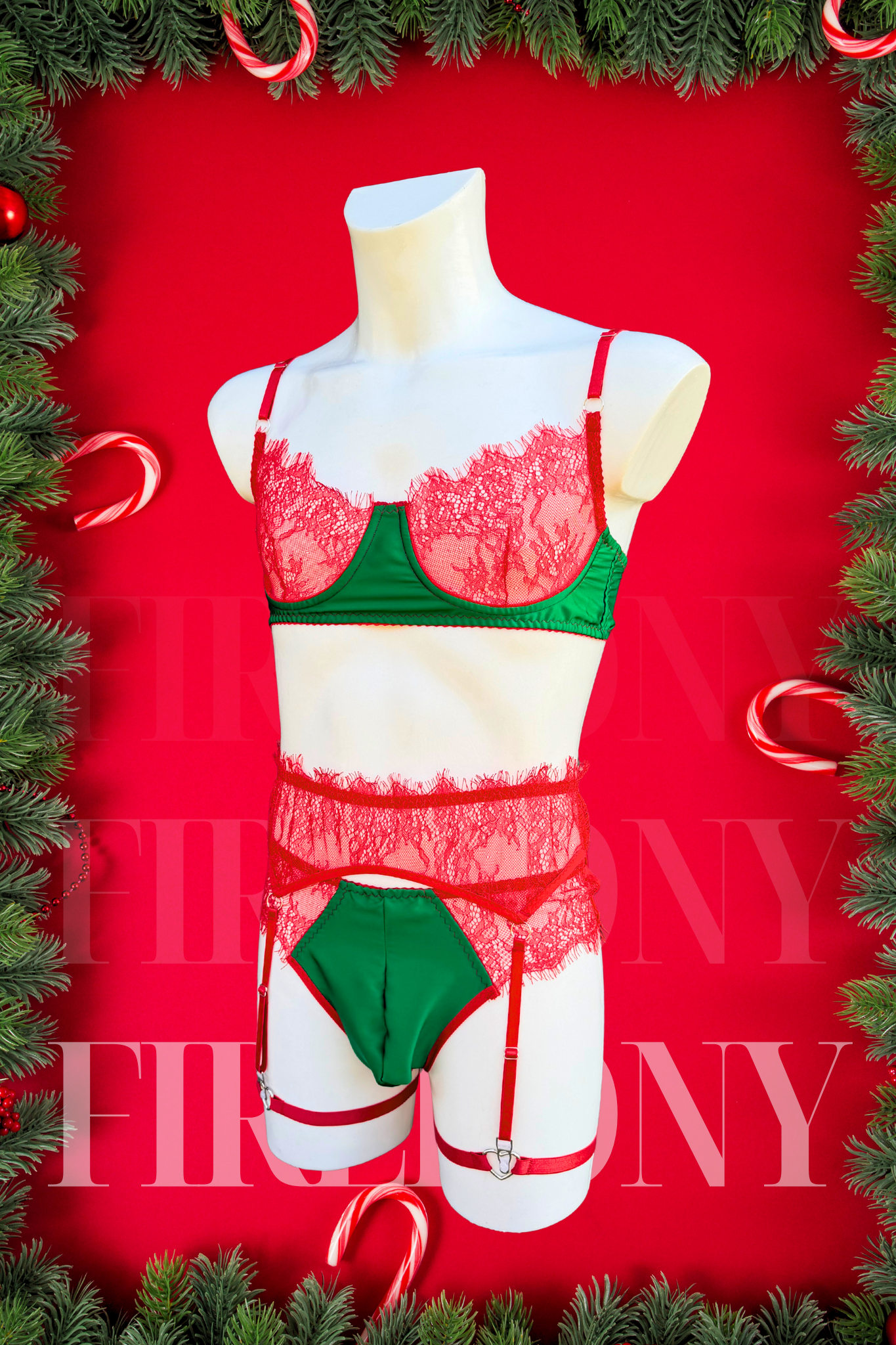Christmas Lingerie Set for Men – Red Lace & Green Satin – Femboy Lingerie, Sissy Underwear, Sexy Holiday Outfit