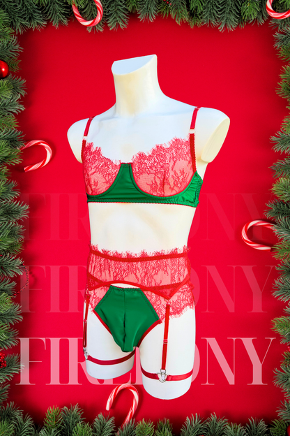 Christmas Lingerie Set for Men – Red Lace & Green Satin – Femboy Lingerie, Sissy Underwear, Sexy Holiday Outfit