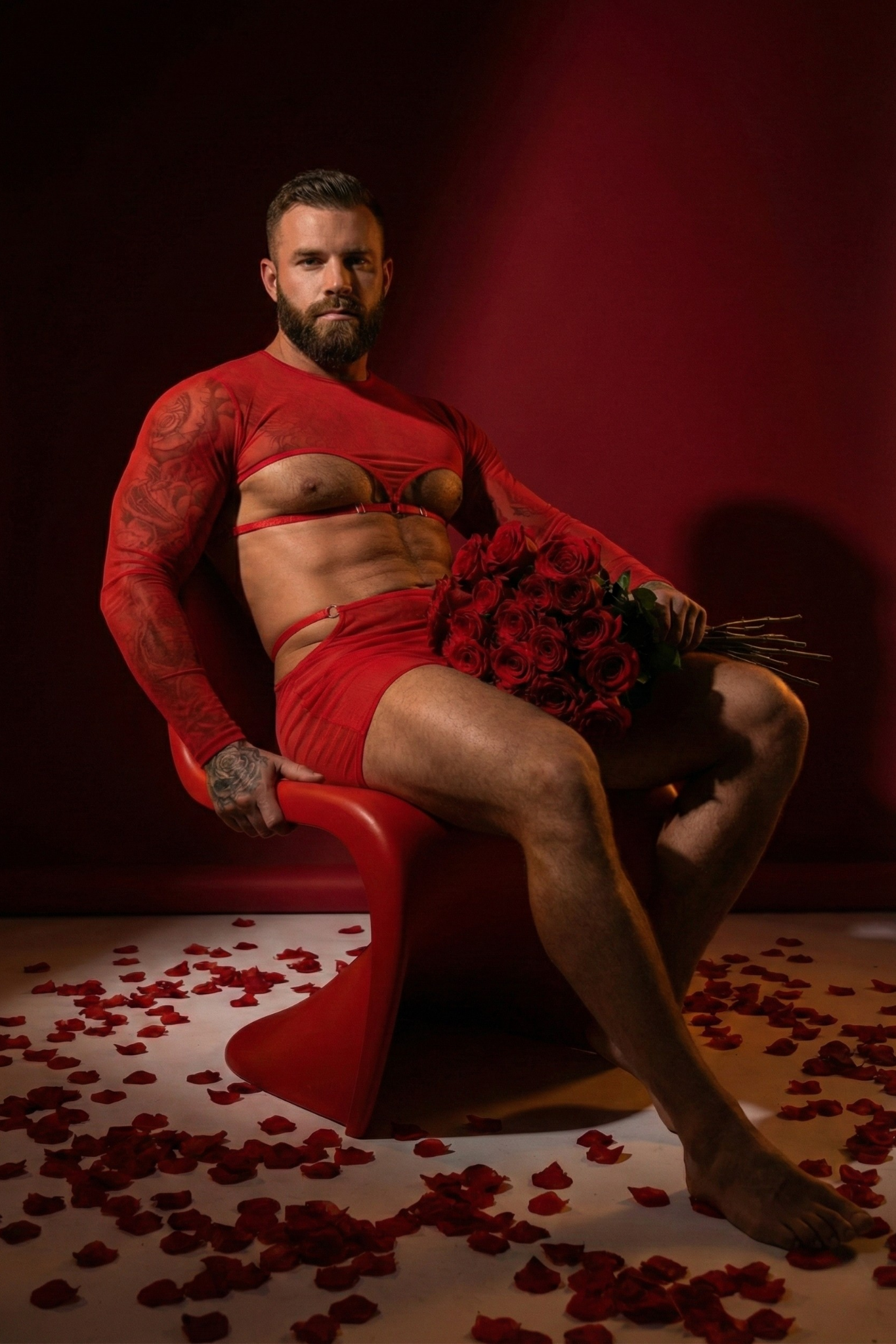 Red Mesh Long Sleeve Men's Sheer Crop & Skirt Set - Male Rave Clubwear - FirePony Unbound Love