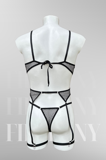  Front view of the black fishnet lingerie set highlighting the triangle bra, thong, and adjustable garters.