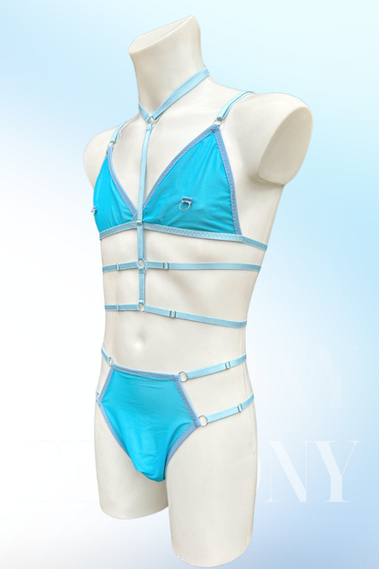 Side view of light blue men’s lingerie set showing harness straps and triangle bralette.

