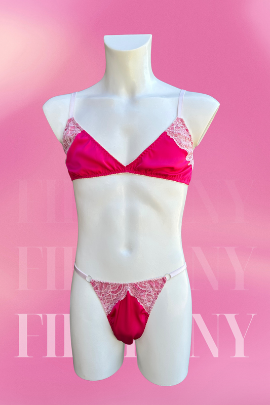 Pink Satin & Lace Sissy Lingerie for Men – Sexy Bra and Panty Set