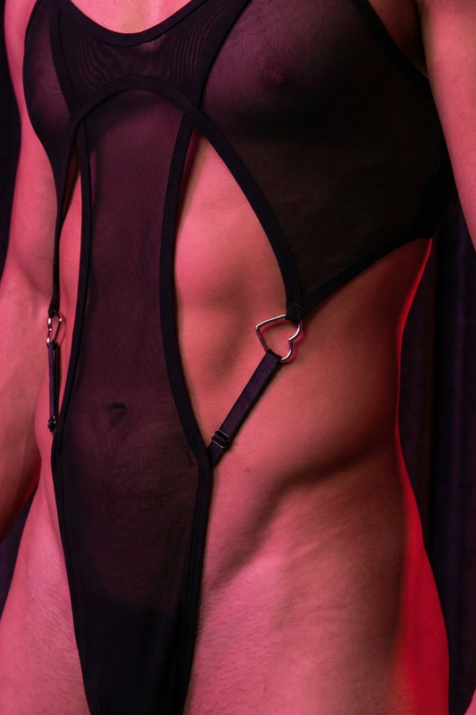Black Mesh Cut-Out Bodysuit for Men - Sheer Heart Hardware Male Teddy - Femboy Sissy Exotic Wear - FirePony Unbound Love