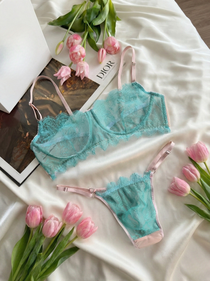 Turquoise Lace Men’s Lingerie Set – Sheer Floral Bralette & High-Waist Garter Thong with Leg Straps