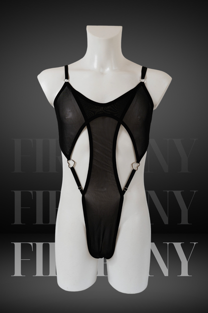 Front view of black mesh cut-out bodysuit for men on mannequin

