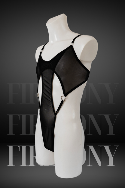 Side view of sheer black bodysuit with deep cut-outs and thong back

