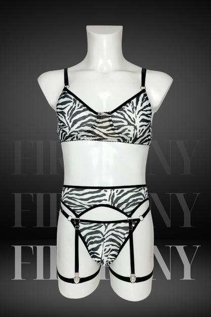 Zebra Print Men’s Lingerie Set – Gay Lingerie Bra, High Waist Thong & Garters – Femboy Sissy Underwear – Sexy Exotic Men’s Lingerie
