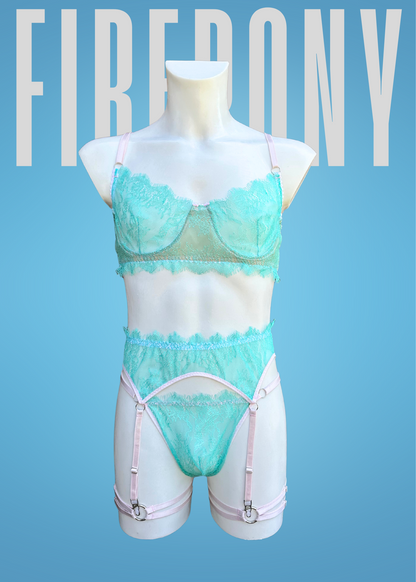 Turquoise Lace Men’s Lingerie Set – Sheer Floral Bralette & High-Waist Garter Thong with Leg Straps