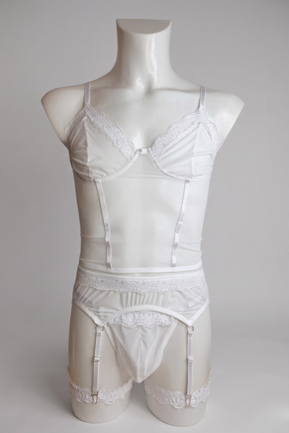 Men's White Sheer Mesh Bustier Corset & Garter Belt Lingerie Set