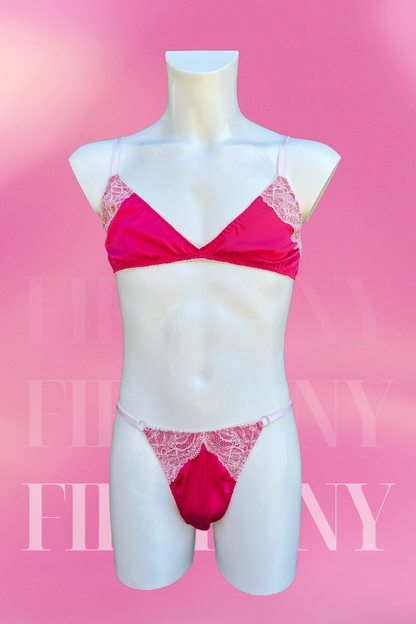 Pink Satin & Lace Sissy Lingerie for Men – Sexy Bra and Panty Set