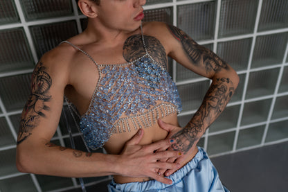 Men’s blue crystal top body chain, offering a unique and elegant look by Fireponyshop
