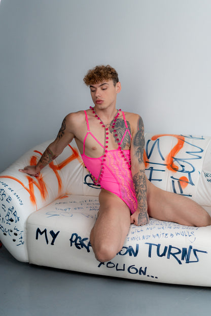 Pink crystal body chain harness for men, part of Fireponyshop’s stylish accessories collection."